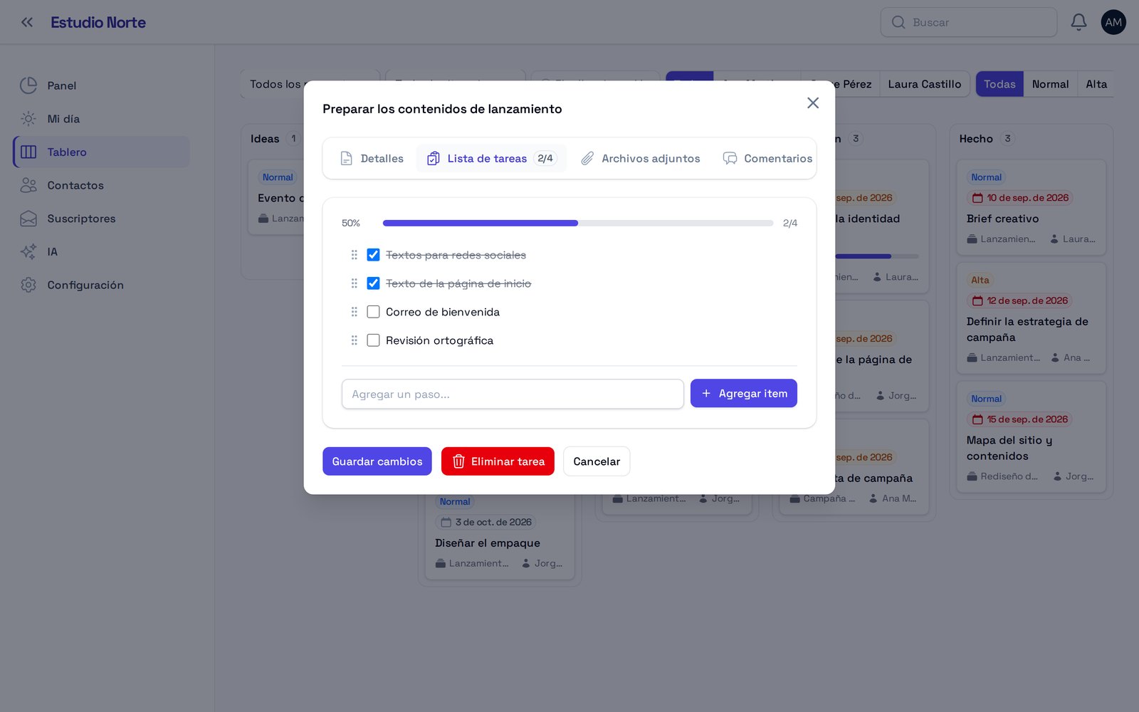 Tarea de OkaProjects con su lista de pasos completada al 50 %
