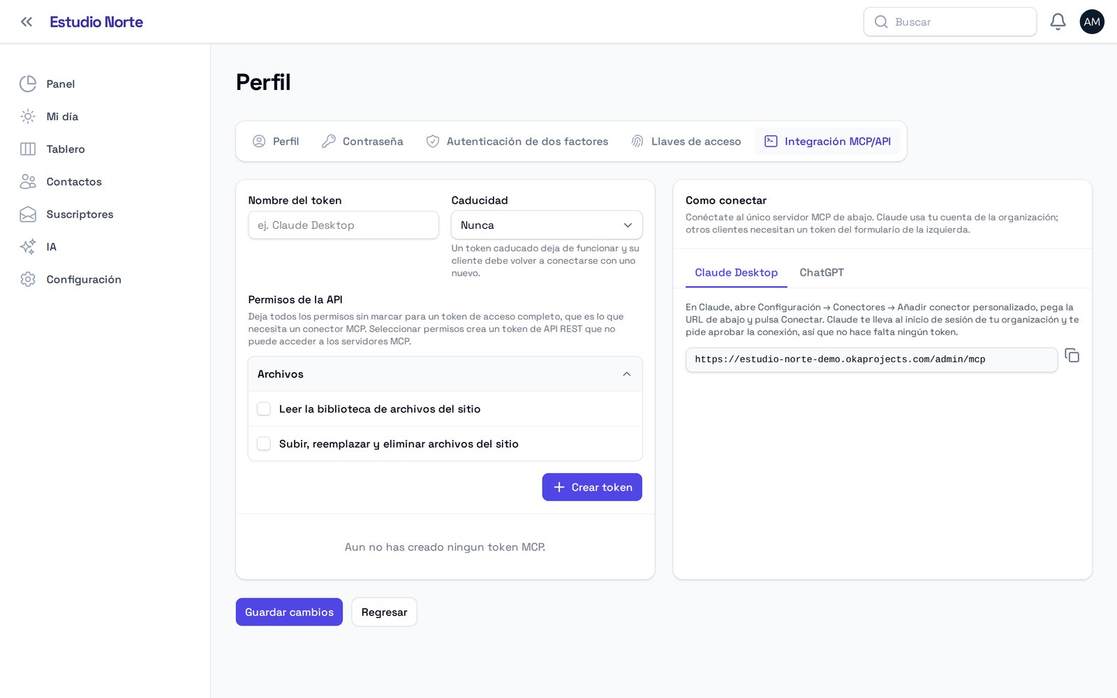 Pestaña Integración MCP/API del perfil de OkaProjects con la dirección del servidor MCP