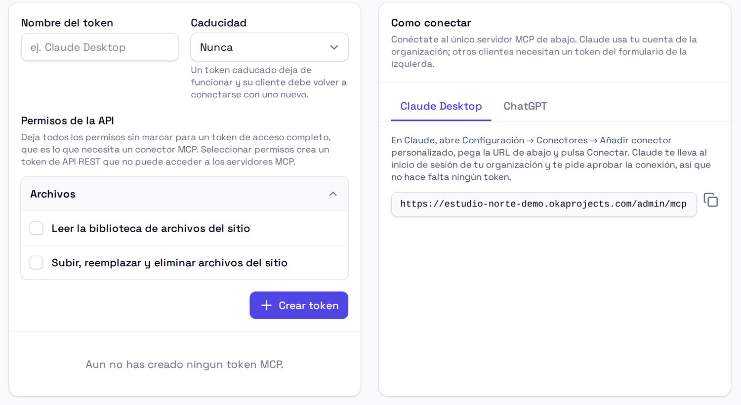 Pestaña Integración MCP/API del perfil de OkaProjects