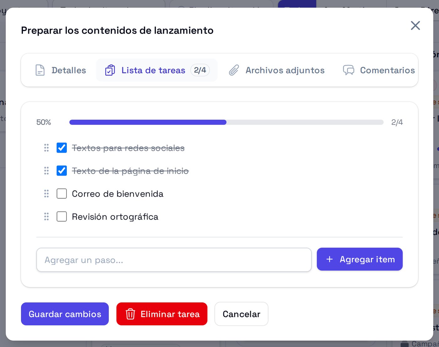 Detalle de una tarea con lista de pasos y pestañas de archivos y comentarios