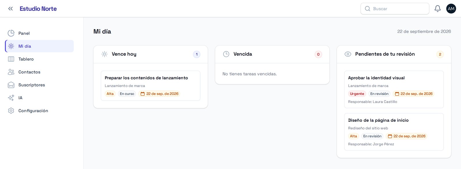 Vista Mi día con entregas y revisiones pendientes