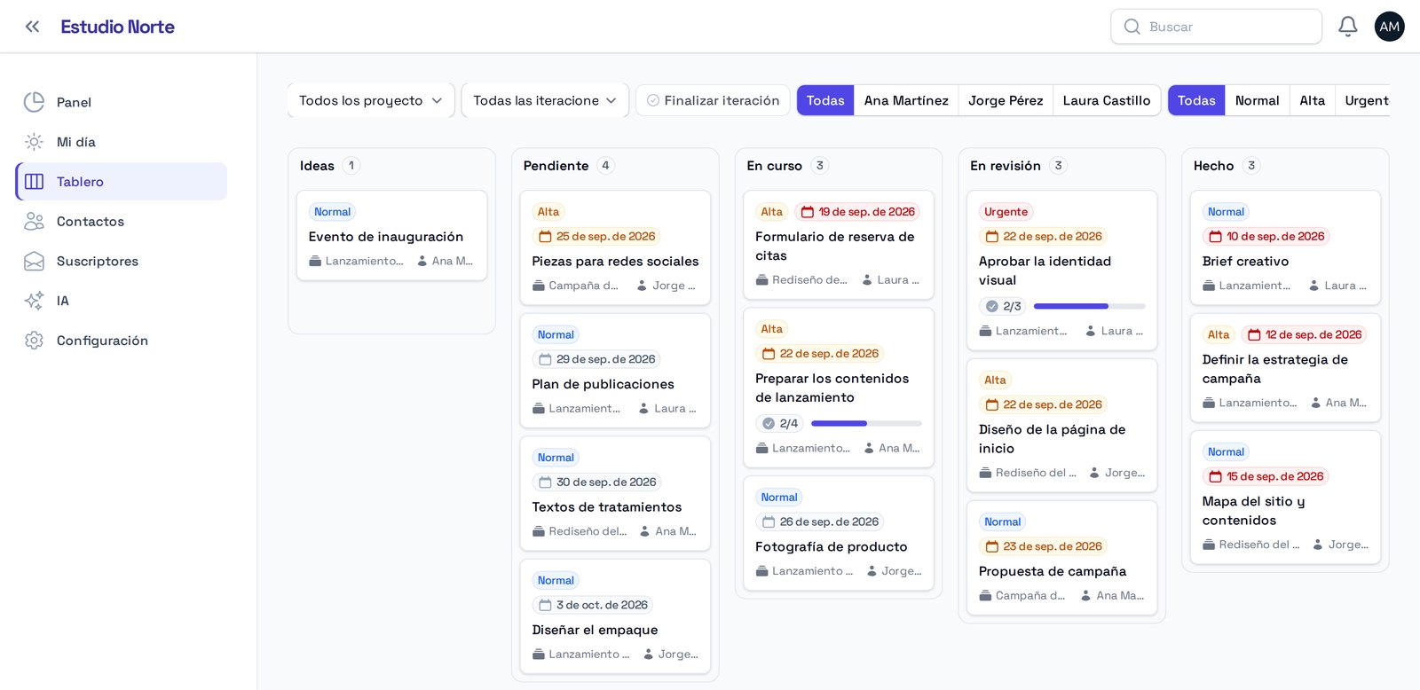 Tablero de proyectos con tareas, responsables, fechas y estados